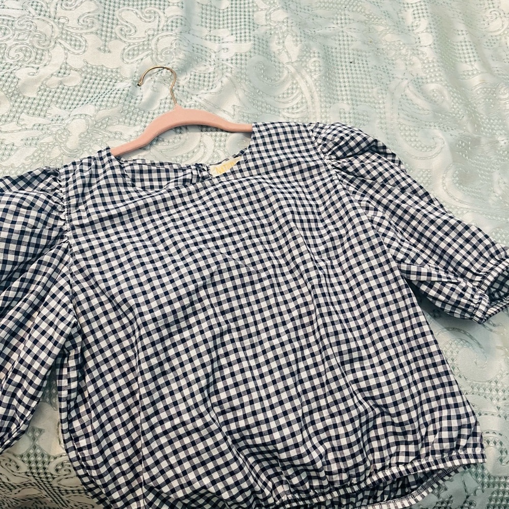 Nation LTD Navy Checkered Short Sleeve Top
